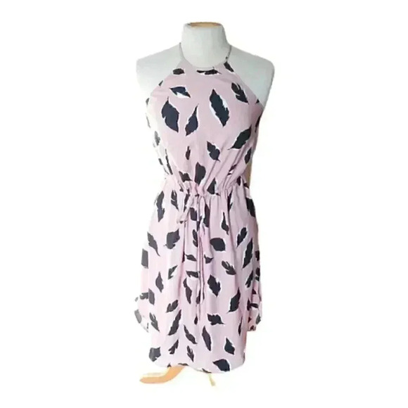 Loft Dusty Rose Black Leaf Print Drawstring Waist Sleeveless Midi Dress - Picture 3 of 9